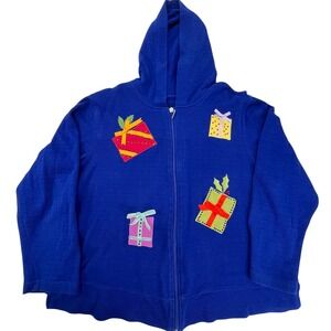 Blue Zip Up Hoodie Jacket Women Applique Gift Box Holiday‎ Cozy Casual Size READ